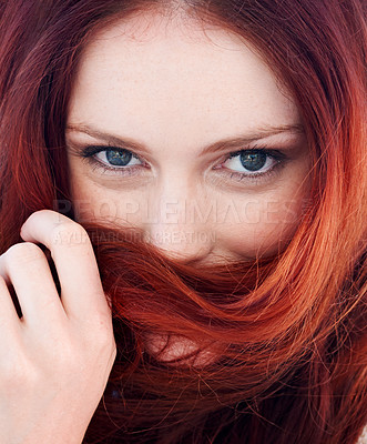 Buy stock photo Haircare, portrait and woman with red hair over mouth for keratin, brazilian or botox treatment. Health, wellness and face of a female model with a clean, long and beautiful hairstyle for self care.