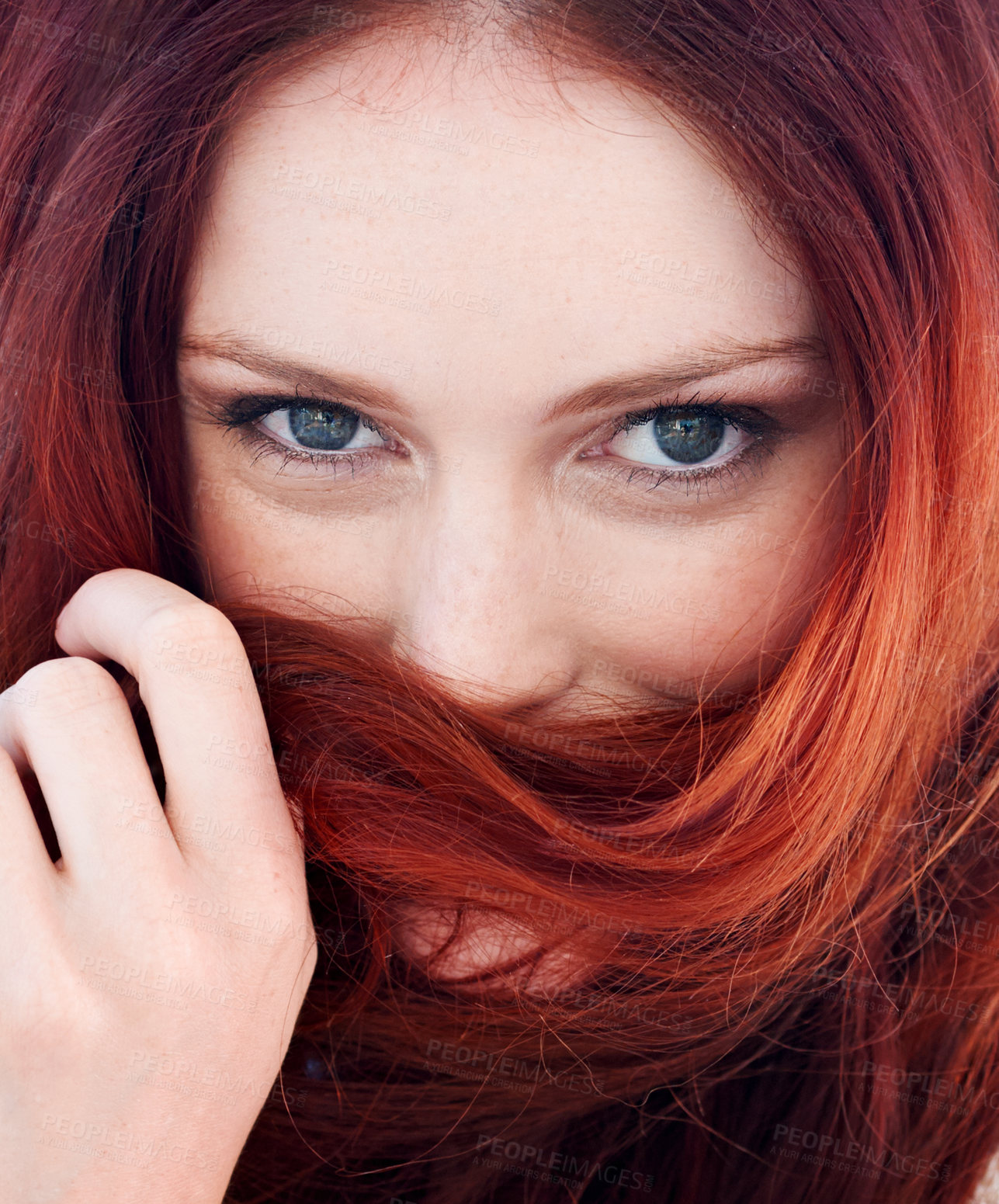 Buy stock photo Haircare, portrait and woman with red hair over mouth for keratin, brazilian or botox treatment. Health, wellness and face of a female model with a clean, long and beautiful hairstyle for self care.