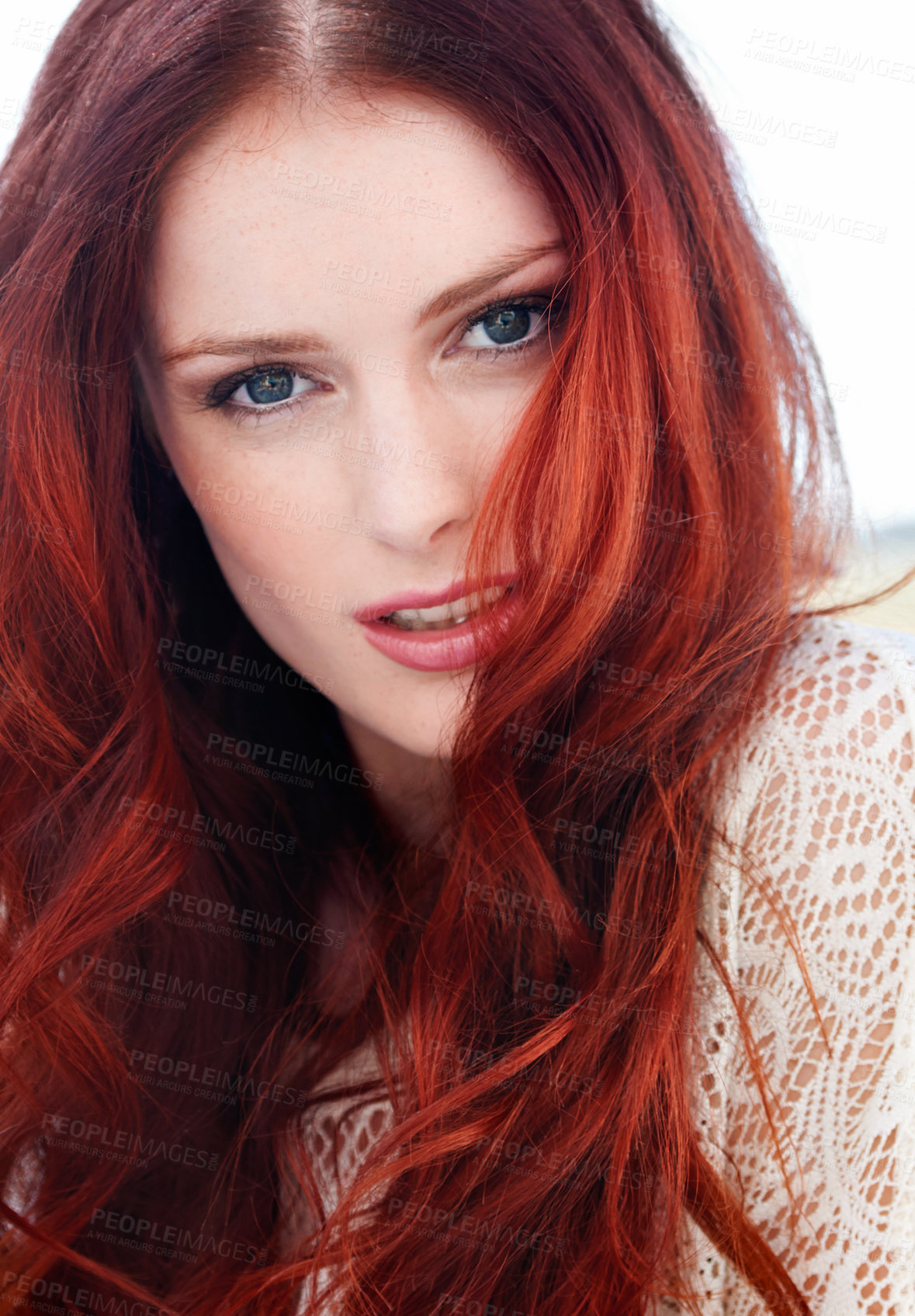 Buy stock photo Red hair, woman and face outdoor with beauty care with cosmetics and makeup. Female person, young model and portrait with ginger and beautiful redhead hairstylist treatment with skin cosmetic