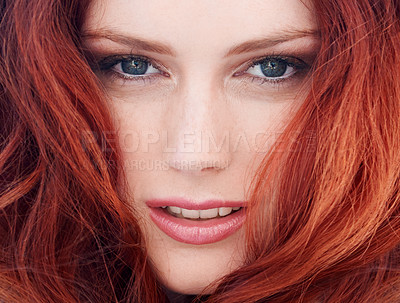 Buy stock photo Beauty, haircare and portrait of a woman with a ginger, clean and natural salon hairstyle. Self care, red and closeup of a female model with a keratin or brazilian treatment for a healthy routine.