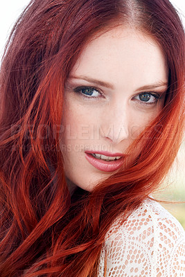 Buy stock photo Redhead, beauty closeup and woman portrait outdoor with ginger hairstyle and treatment. Hair care, female person youth and young model face with confidence and beautiful hairstylist haircut outside