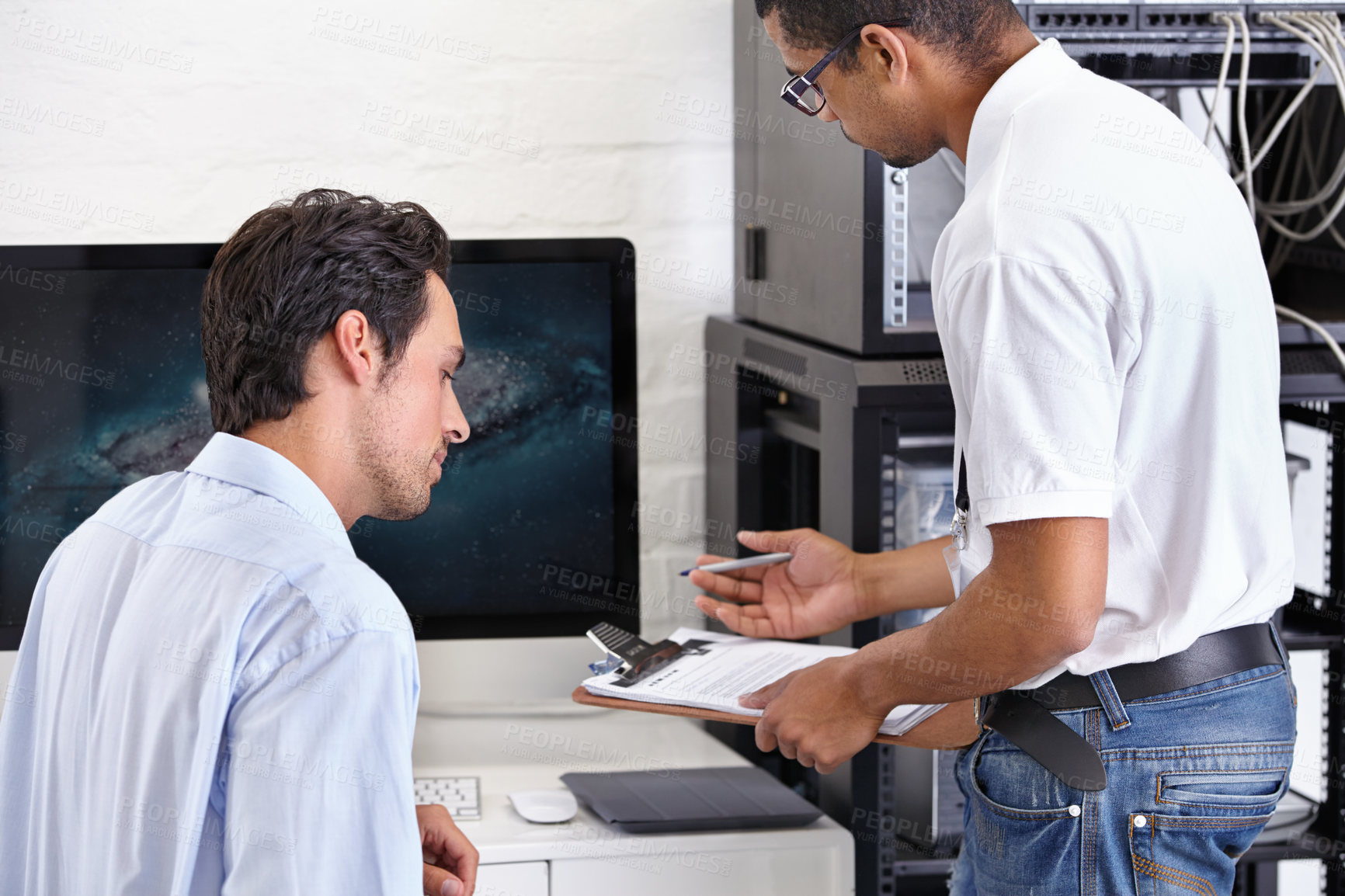 Buy stock photo Server room, man or technician with clipboard writing receipt or talking to a client about cyber security glitch. Network, database or contract with a male engineer speaking of information technology