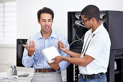 Buy stock photo Server room, it support and modem with a technician explaining to a business man about cyber security. Network router, database and consulting with an engineer chatting about information technology