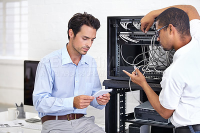 Buy stock photo Server room, it support and instructions with a technician talking to a business man about cyber security. Network, database and maintenance with an engineer chatting about information technology