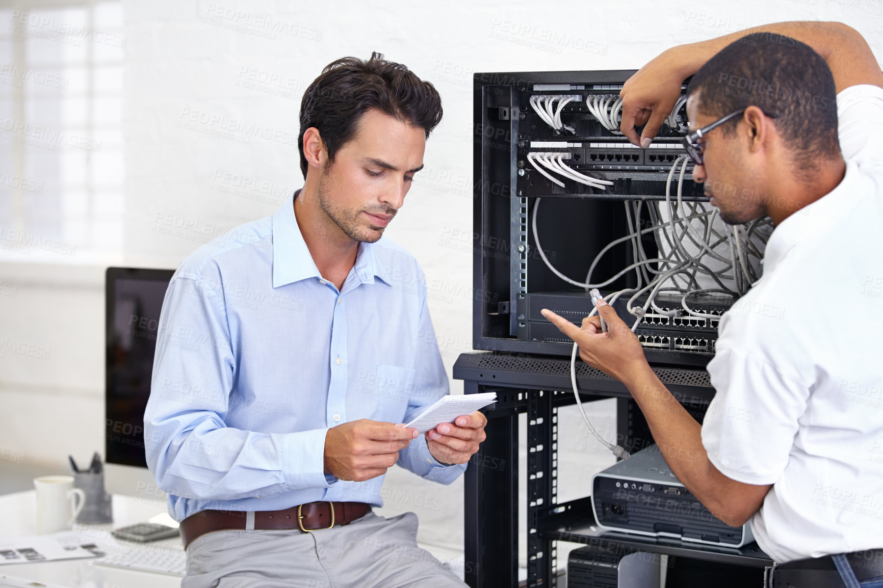 Buy stock photo Server room, it support and instructions with a technician talking to a business man about cyber security. Network, database and maintenance with an engineer chatting about information technology