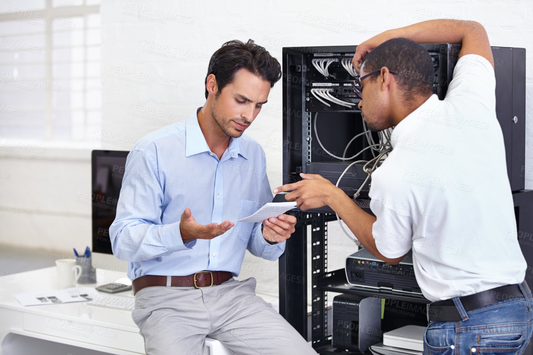 Buy stock photo Server room, it support and instructions with a man engineer explaining to a business man about cyber security. Network, database and solution with a technician chatting about information technology