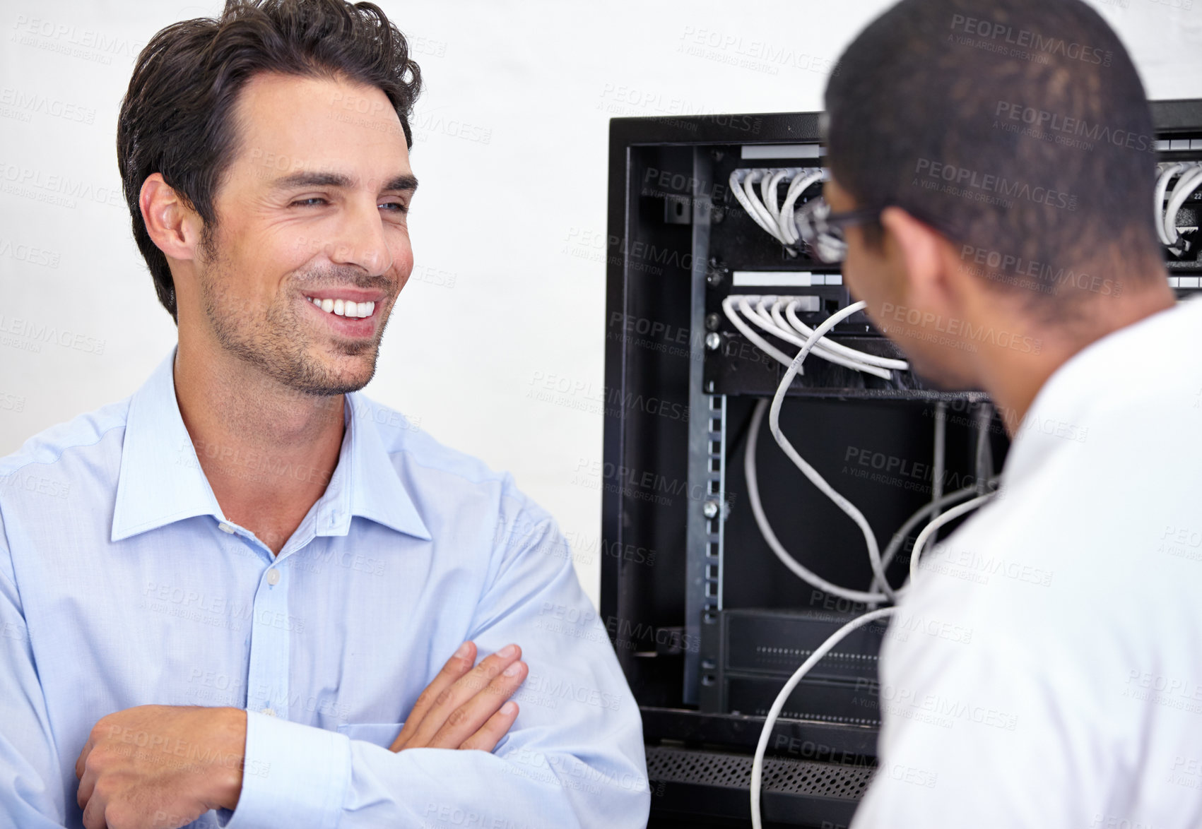 Buy stock photo Server room, it support and network with an engineer talking to a business man about cyber security. Database, consulting and maintenance with a technician chatting about information technology