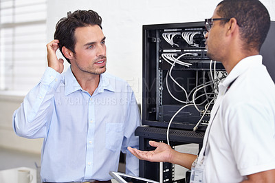 Buy stock photo Server room, it support and confused with a technician explaining to a business man about cyber security. Network, database and risk consulting with an engineer talking about information technology
