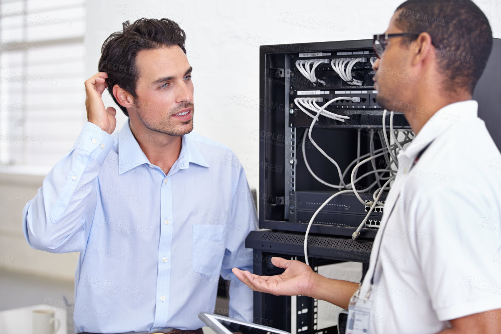 Buy stock photo Server room, it support and confused with a technician explaining to a business man about cyber security. Network, database and risk consulting with an engineer talking about information technology