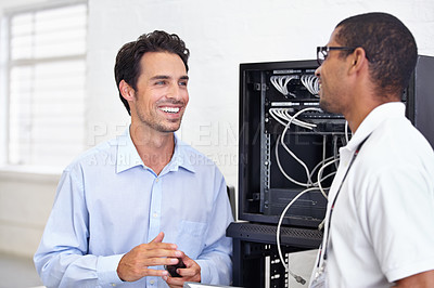 Buy stock photo Server room, it support and maintenance with a technician talking to a business man about cyber security. Network, database and consulting with an engineer chatting about information technology