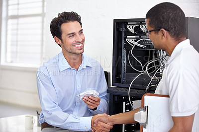 Buy stock photo Server room, it support and handshake with an engineer talking to a business man about cyber security. Network, database and contract agreement with a technician chatting about information technology