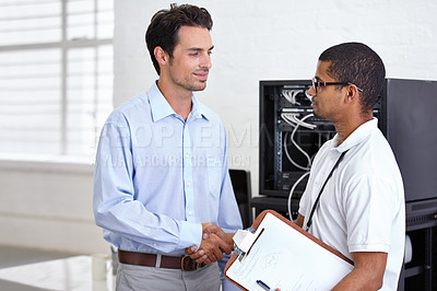 Buy stock photo Server room, it support and clipboard with a technician shaking hands with a business man about cyber security. Network, database or agreement with an engineer consulting about information technology