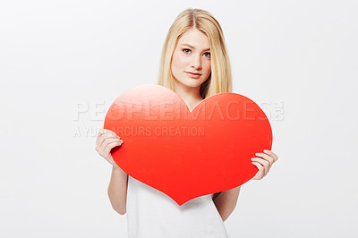 Buy stock photo Woman, portrait and heart or poster mockup or Valentines message, announcement or bulletin. Female person, model and face or white background in studio as love gesture or billboard, placard or banner