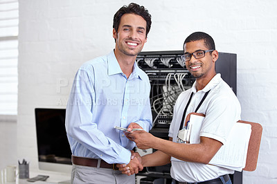 Buy stock photo Portrait, handshake or payment with an engineer and business man in the server room for cyber security. Network, database and money with male employee paying a technician for service or maintenance