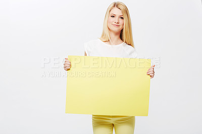 Buy stock photo Woman, portrait and placard or mockup billboard in studio or poster or recommendation, communication or white background. Female person, face and blank paper or news bulletin, message or announcement