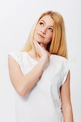Buy stock photo Portrait, beauty or woman thinking of skincare, cosmetics and dermatology on white background. Face, female person or confident model with mockup, ideas and glow with wellness or aesthetic in studio