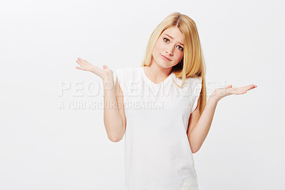 Buy stock photo Space, confused or woman in portrait unsure, doubt or wondering isolated on white background. Person asking, dont know hand gesture or puzzled model with decision, choice or question on studio mockup