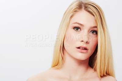 Buy stock photo Portrait, beauty space or model with skincare, cosmetics and dermatology on white background. Face, female person or confident woman with mockup, shine and glow with wellness or aesthetic in studio