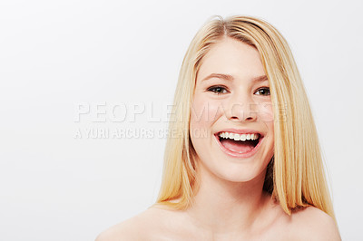 Buy stock photo Portrait, smile and woman with skincare, cosmetics and dermatology on a white studio background. Face, person and model with beauty and mockup space with shine and glow with wellness and soft skin