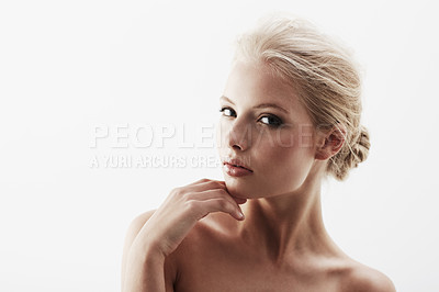 Buy stock photo Cropped portrait of a gorgeous young blonde woman