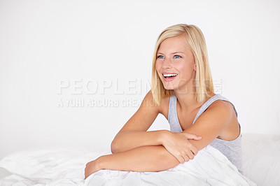 Buy stock photo Happy, woman and relax in home on bed with ideas for morning and wake up excited for future. Healthy, person and  girl in bedroom on holiday, vacation or wellness from rest and self care in apartment