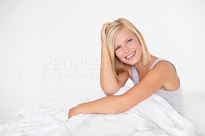 Buy stock photo Portrait, relax and smile with woman, bed and happiness with mockup space and morning. Face, person and home with girl and cheerful with wellness and peaceful with blanket, joy and positive mindset