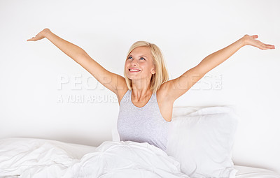 Buy stock photo Stretching, bed and wake up with woman, relax after sleeping and home on a weekend break. Blanket, peace and comfort of happy person feeling fresh, awake or joyful with girl and morning routine