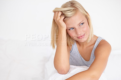 Buy stock photo Happy, woman and thinking in morning on bed and wake up with ideas for future in home. Healthy, mindset and girl relax in bedroom on calm holiday, vacation and person rest in apartment mockup