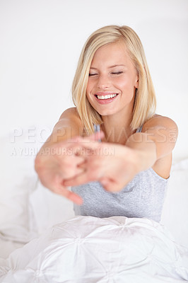 Buy stock photo Happy, woman and wake up stretching on bed in morning with peace and wellness in home. Calm, girl and relax in bedroom on holiday or vacation with healthy routine and self care in house or apartment