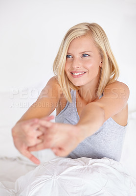 Buy stock photo Happy, woman and wake up stretching on bed in home with ideas for morning and excited for future. Healthy, person and  girl relax in bedroom on holiday, vacation or wellness from rest in apartment