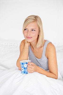 Buy stock photo Morning, tea and woman relax in bed and thinking in home planning ideas for future. Healthy, person and calm girl with coffee in bedroom on holiday, vacation or wellness from rest in apartment