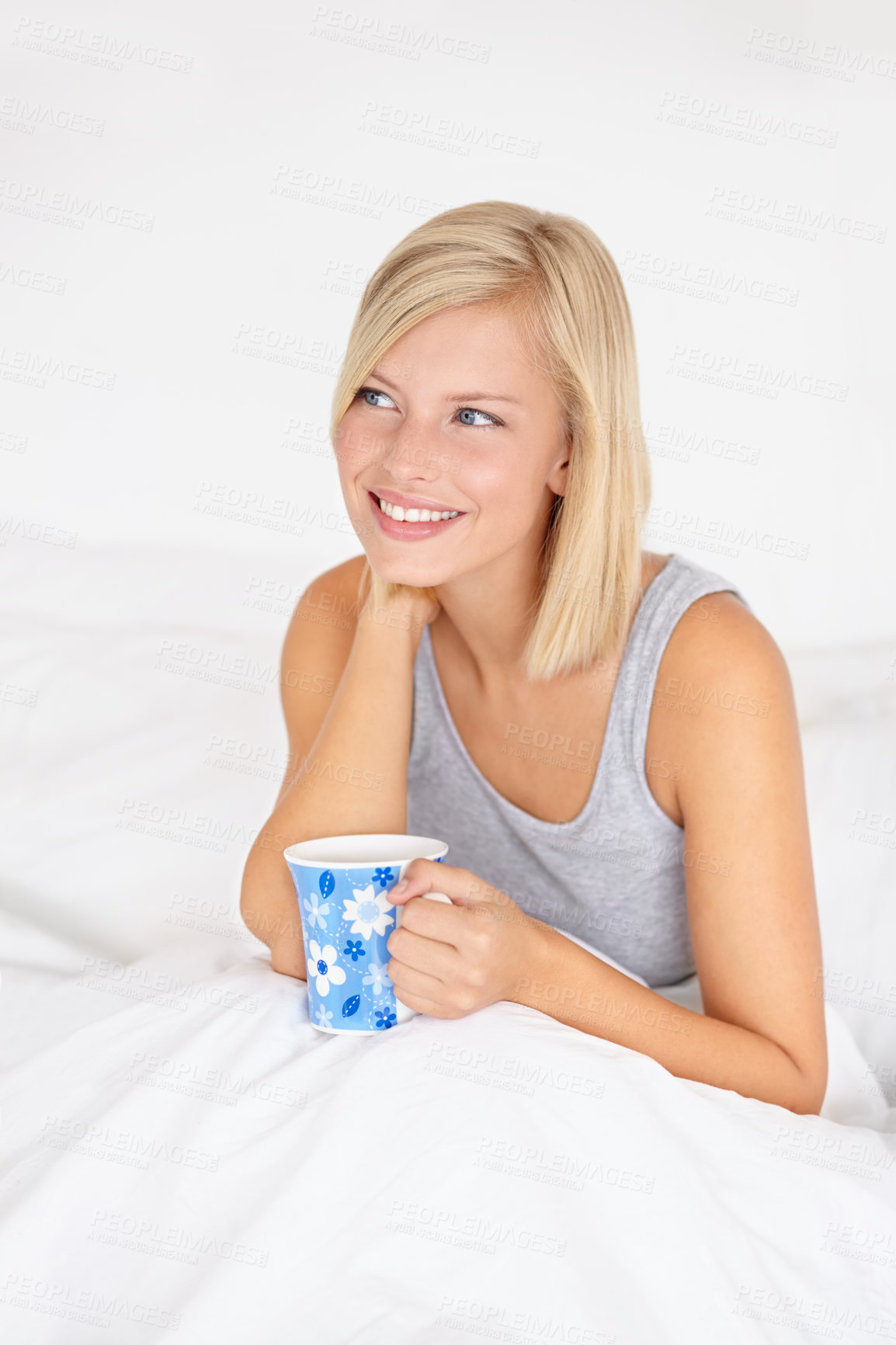 Buy stock photo Morning, tea and woman thinking in bed and relax in home planning ideas for future. Girl, drink and smile with coffee in bedroom remember a dream on holiday or vacation with peace in apartment