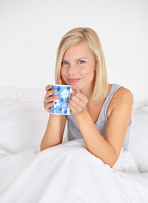 Buy stock photo Morning, tea and portrait of woman in bed to relax in home with happiness and wellness detox. Matcha, drink and girl with smile in bedroom on holiday or vacation with health in apartment and house