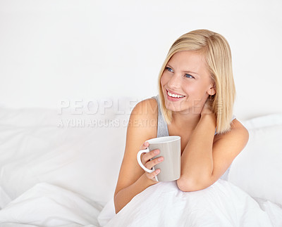 Buy stock photo Woman, thinking and relax with coffee on bed in home planning ideas for morning or future. Healthy, smile and girl with green tea in bedroom on holiday, vacation or wellness in apartment mockup