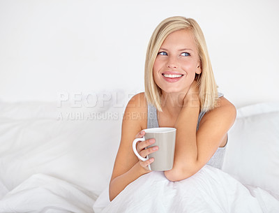 Buy stock photo Woman, thinking and relax with coffee in morning on bed and planning ideas for future. Healthy, mindset and girl smile with tea in bedroom on holiday, vacation or wellness in apartment with peace
