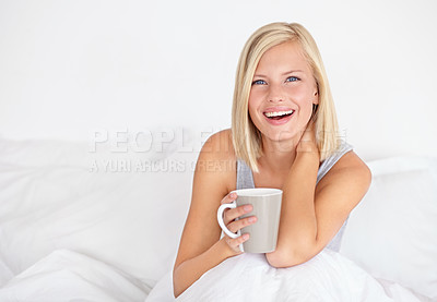 Buy stock photo Woman, portrait and drinking coffee in morning for bed relax or home beverage for comfort, peace or happy. Female person, face and smile with mug on duvet for warm caffeine or vacation, rest or tea