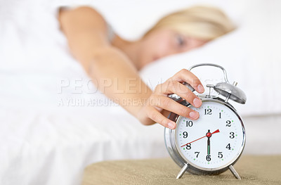 Buy stock photo Woman, bedroom and sleeping with alarm, wake up and dreaming in bed, resting and morning in apartment. Tired, blanket and exhausted on pillow, young female asleep in house on weekend with fatigue