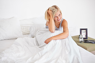 Buy stock photo Happy, woman and wake up in bed to relax with comfort and wellness in home. Calm, girl and sitting in bedroom on holiday, vacation and rest for self care in apartment for healthy mindset or mood