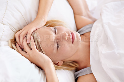 Buy stock photo Headache, anxiety and woman in a bed waking up with stress, panic attack or vertigo at home. Fatigue, mental health and female person in a bedroom frustrated by insomnia, pressure or nightmare trauma
