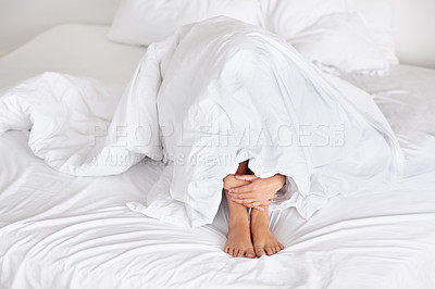 Buy stock photo Anxiety, feet and hands in bed with blanket, depression or comfort from fear, panic attack or stress at home. Fail, trauma or person in a bedroom with mental health crisis, scared or hiding in shame