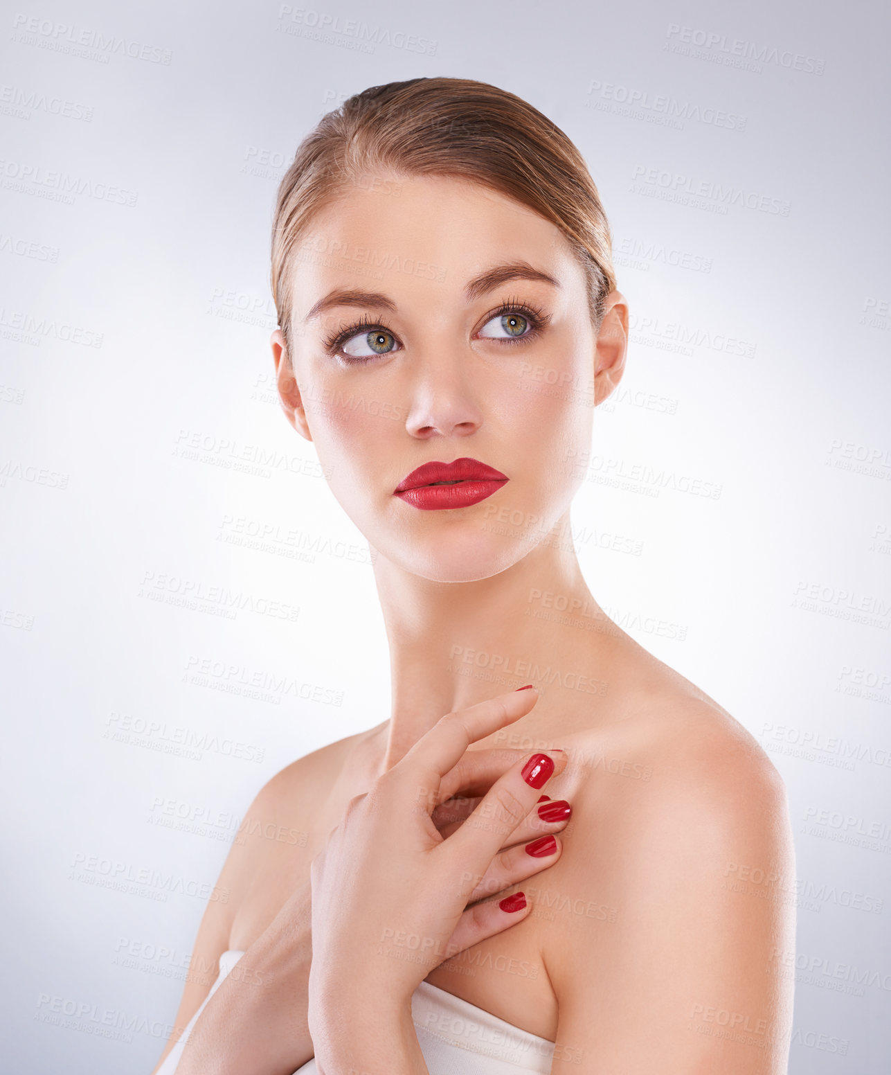 Buy stock photo Thinking, manicure and red lipstick makeup with woman in studio on gray background for cosmetology. Face, aesthetic and beauty with confident young model at salon or spa for cosmetic makeover