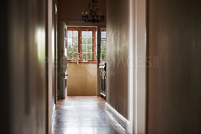 Buy stock photo Corridor, hallway and design architecture in home with empty space, wooden floor and minimalist decoration. Room, apartment or hotel doorway with residential entrance, building interior and layout