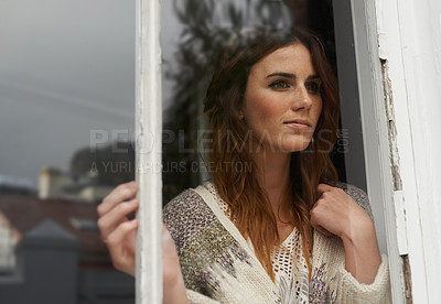 Buy stock photo Woman, thinking and smile by window in home with waiting, wondering and daydreaming in farmhouse. Person, face and thoughtful by glass in lounge with contemplation, lonely and reflection with view