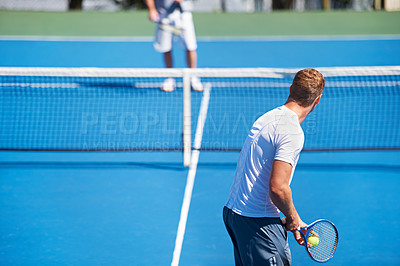 Buy stock photo Tennis, game and men with fitness, challenge and competition with training and exercise. Players, friends and guys with rackets and court with workout and sunshine with a match and cardio with a ball