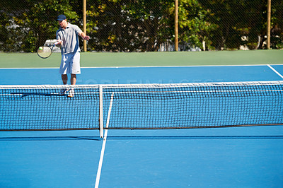 Buy stock photo Game, tennis and man with fitness training and workout with competition and energy with practice. Person, court and player with racket and ball with wellness, sunshine and professional with cardio