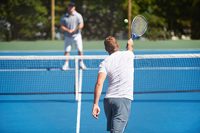 Buy stock photo Tennis, game and men with fitness, friends and competition with training and exercise with a ball. Players, practice and guys with rackets and court with workout and sunshine with challenge or cardio