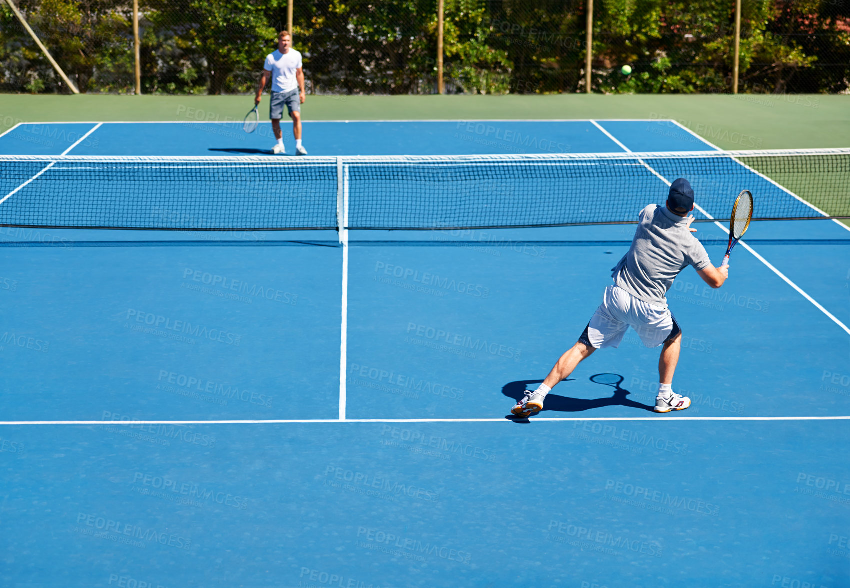 Buy stock photo Tennis, match and men with fitness, sports and competition with training and cardio with a game. Players, friends and guys with rackets and court with workout and sunshine with challenge and practice