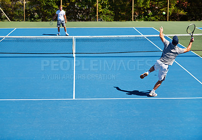 Buy stock photo Tennis, game and men with fitness, friends and competition with training and exercise with sunshine. Players, tournament and guys with rackets and court with workout and challenge in the summer