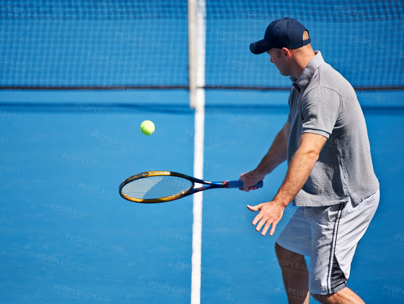 Buy stock photo Athlete, man and tennis on court with serve, competition and performance outdoor with fitness and energy. Sport, player and ball on turf for training, exercise and racket with skill, game and hobby