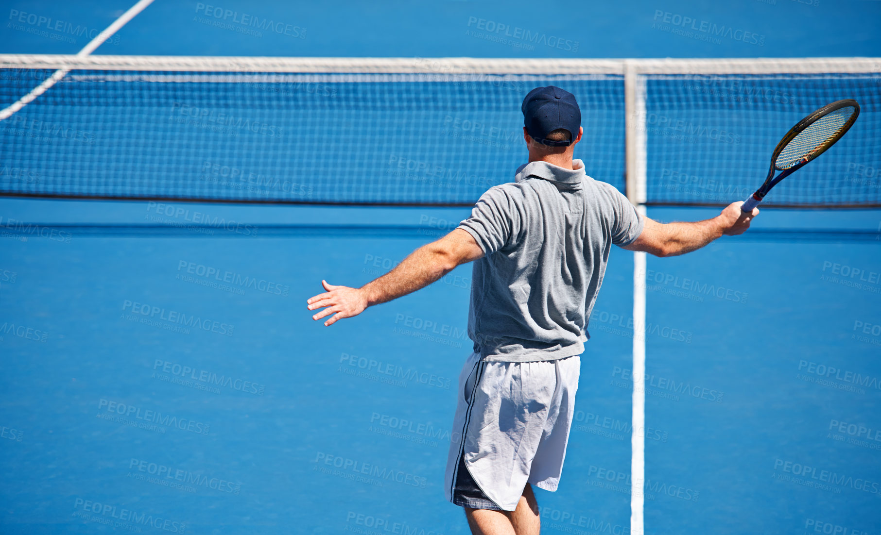Buy stock photo Sport, man and tennis on court with workout, competition and performance outdoor with fitness and energy. Athlete, player and match on turf for training, exercise and racket with skill, game or hobby